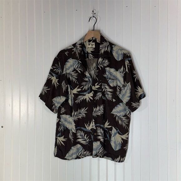 Vintage Silk 100% Silk Hawaiian Shirt M Brown Blue Leaf Aloha Y2K Islandcore - Picture 1 of 8